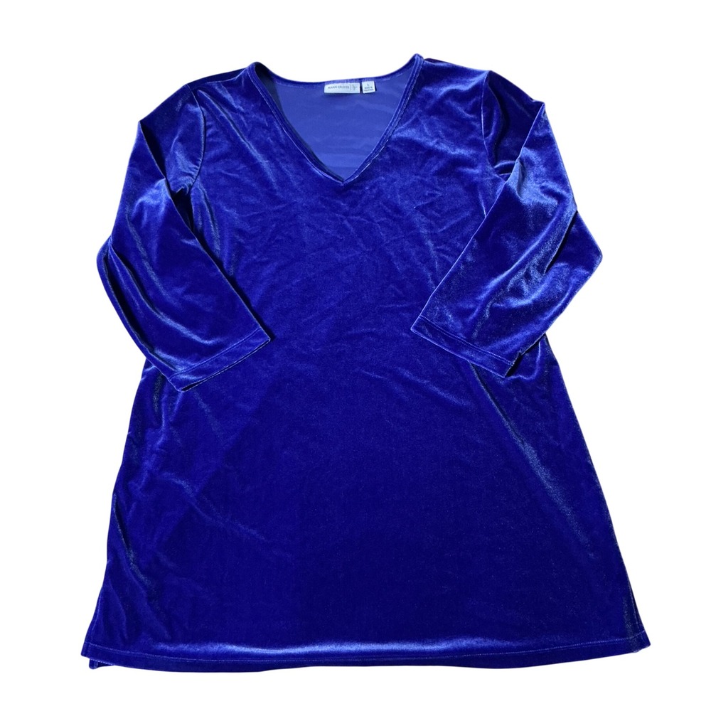 Susan Graver Velvet V-Neck Tunic Top Womens L Blue Stretch A-Line A220134